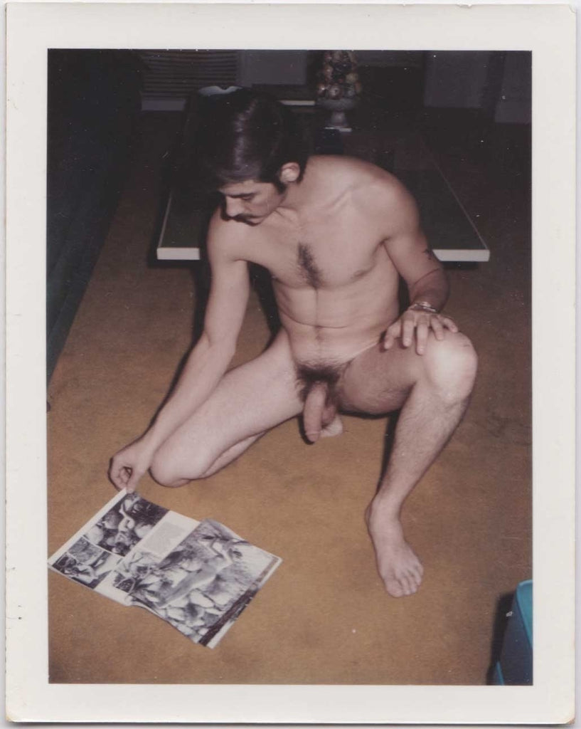 Male Nude Looking at Girlie Magazine vintage Polaroid
