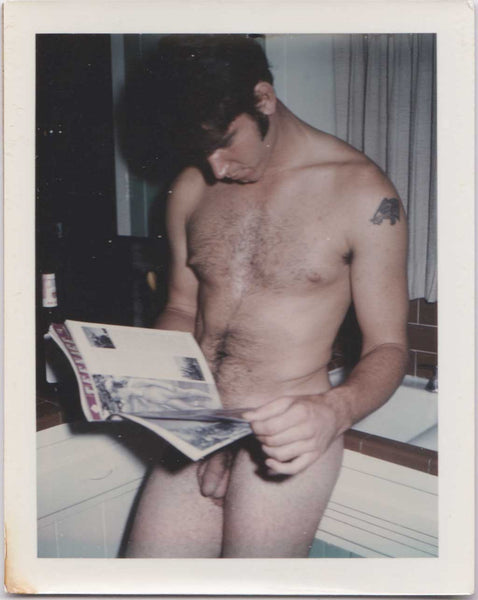 Hairy Chested Man Looking at Magazine vintage gay color Polaroid