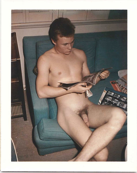 Male Nude Looking at Nudist Magazine vintage gay Polaroid 1967