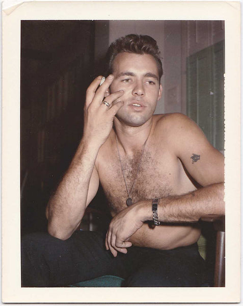 Hairy-Chested Man Smoking Cigarette vintage gay Polaroid