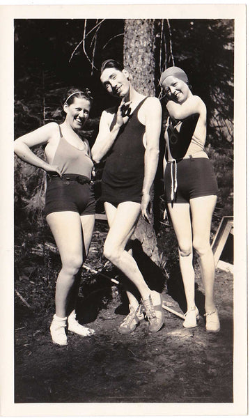 Vintage gay snapshot Guy Posing with Two Girl Friends