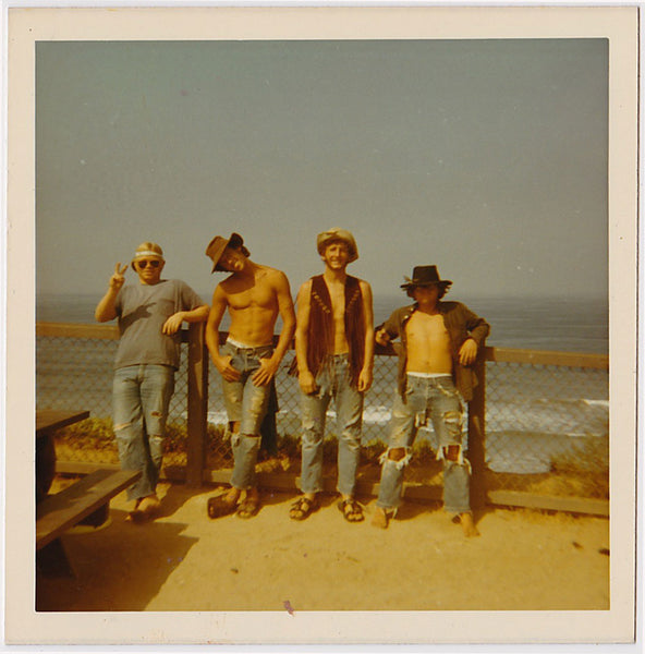 Four Hippies at the Ocean: Men in Rows, vintage color snapshot 1969.