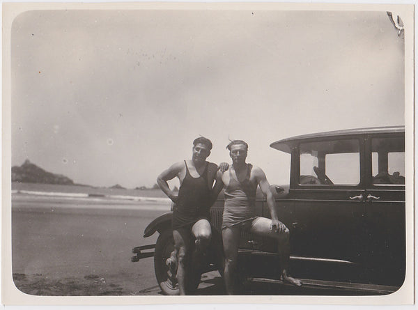 Affectionate Men with Car on Beach vintage photo