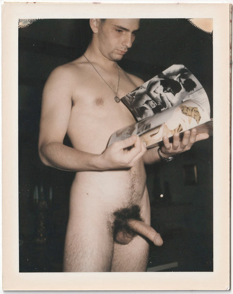 Vintage gay Polaroid Male Nude Aroused by Girlie Magazine