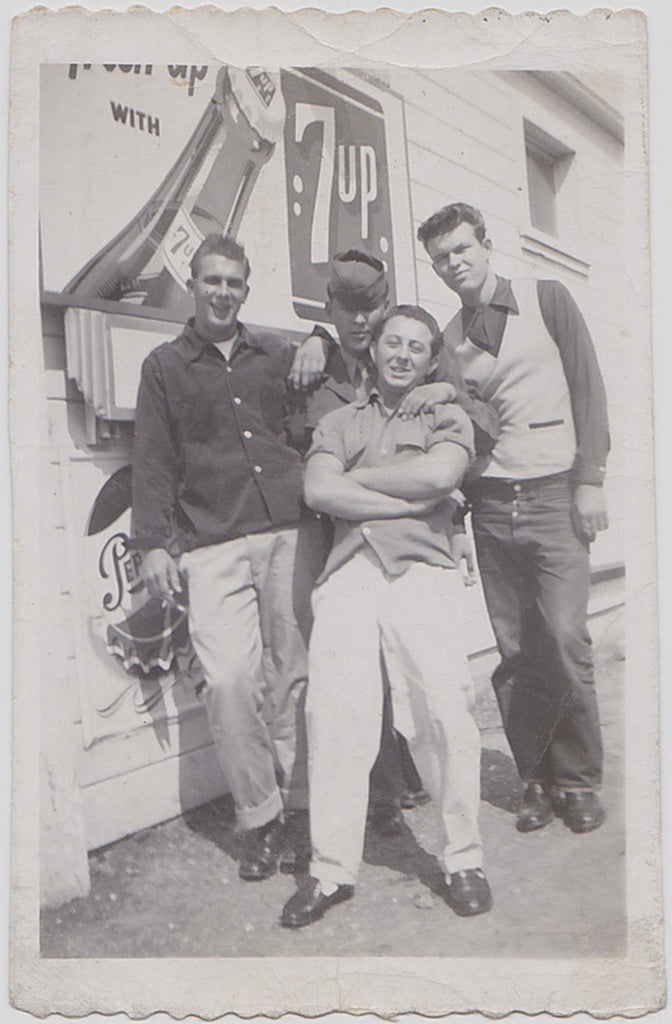 Four Guys Posing in Front of 7-UP Sign vintage photo 1940s