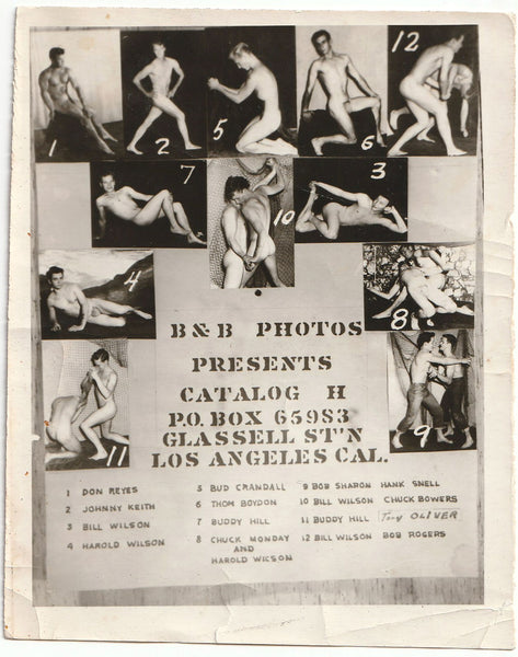 Vintage catalog poster for B&B Photos, featuring multiple black-and-white photographs of nude models arranged around central text that reads 'B&B PHOTOS PRESENTS CATALOG H PO.BOX 65983 GLASSELL STN LOS ANGELES CAL.