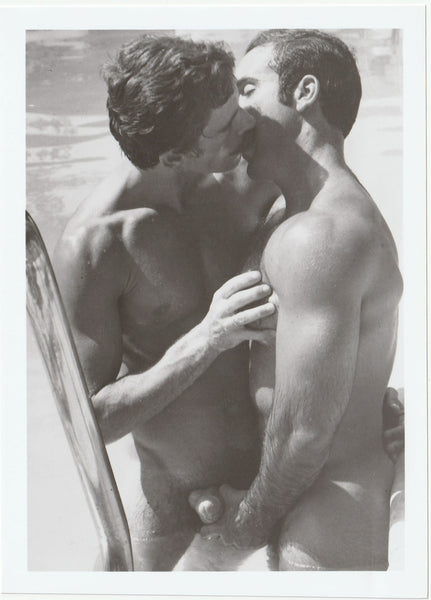Rare early Target Studios photo of hairy hunk Bruno and handsome Will Seagers kissing in the pool.