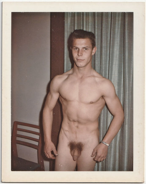 Male nude standing before silver drapes, expanding his lats, offering a shy smile. 3 1/4" x 4 1/4" vintage gay Polaroid c. 1960s.