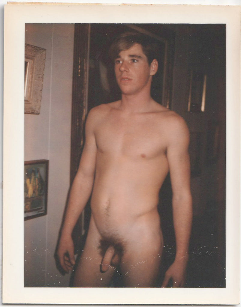 Vintage gay Polaroid Handsome dark-haired male nude stands next to the wall with paintings.