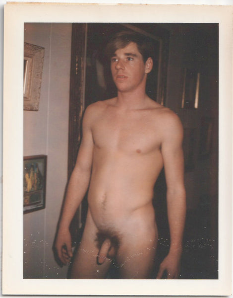 Vintage gay Polaroid Handsome dark-haired male nude stands next to the wall with paintings.