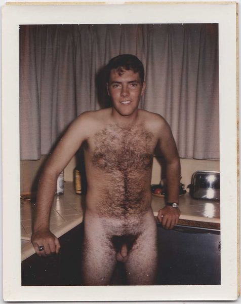 Hairy Chested Nude in Kitchen: Vintage Gay Polaroid