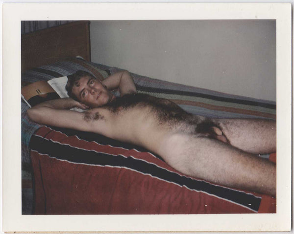 Hirsute Man Reclining in Bed vintage gay Polaroid