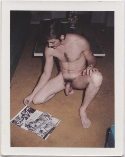 Male Nude Looking at Girlie Magazine vintage Polaroid