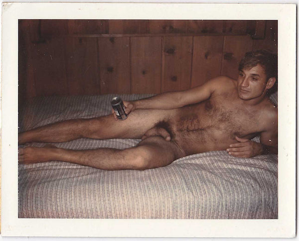 Hairy Chested Man Reclining in Bed vintage gay color Polaroid