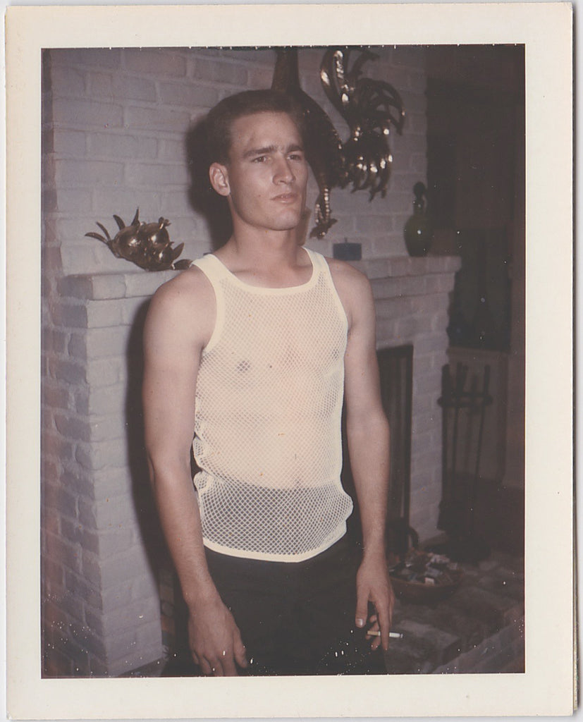 Man Wearing Mesh Muscle Shirt, vintage gay Polaroid photo