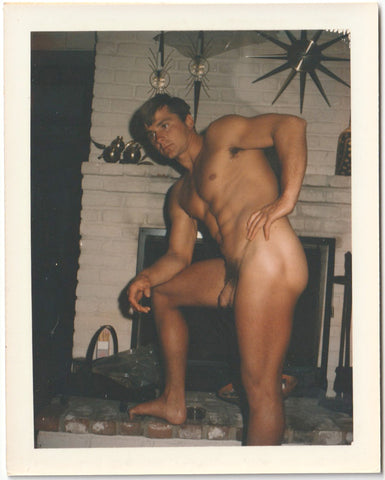 Handsome Nude Bodybuilder in Front of Fireplace vintage gay Polaroid