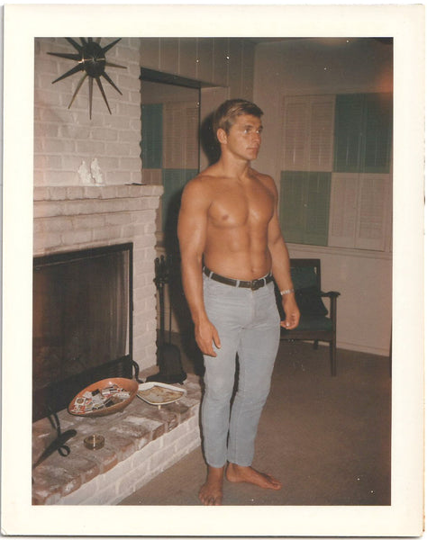 Handsome Bodybuilder Wearing Tight Jeans vintage gay color Polaroid