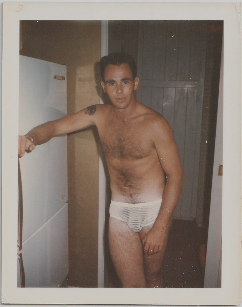 Hairy Guy in Mesh Underwear vintage gay color Polaroid c. 1960s