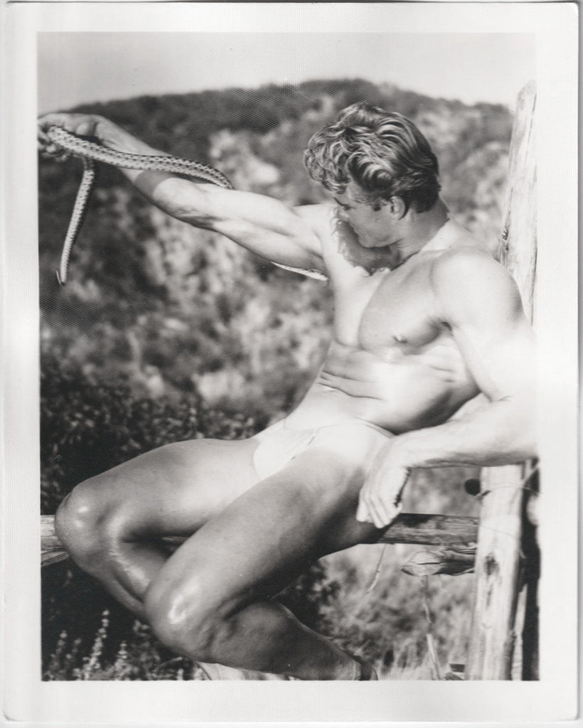 Ed Fury playing with a Gopher snake while sitting on a fence.  Vintage gay physique photo attributed to AMG.