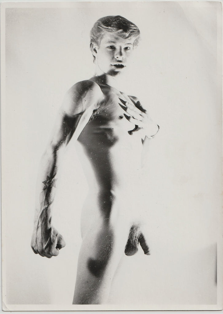 Vintage male nude photo Young Blond Guy with Dagger Tattoo