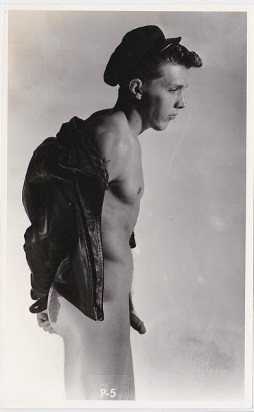 Vintage Male nude with Leather Jacket and Cap, Calafran Studio.