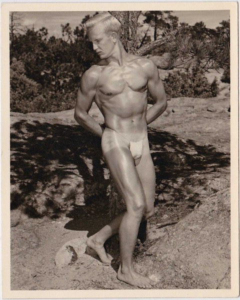 Blond athlete with hands behind back vintage gay physique photo