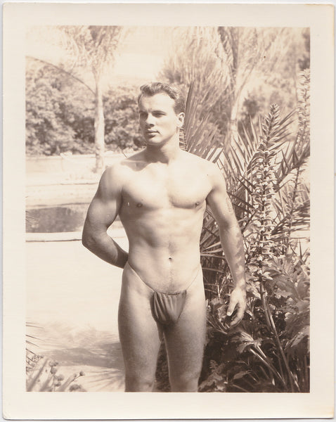Vintage gay photo Handsome bodybuilder in posing strap stands in the palm garden.
