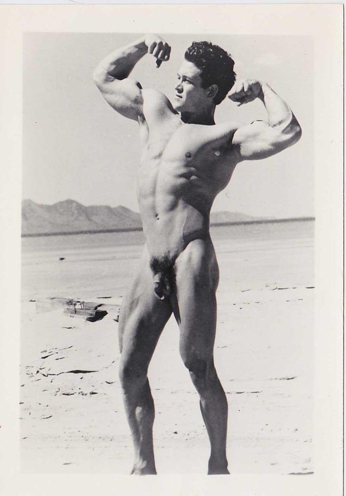 Male Nude Flexing on Beach vintage gay photo