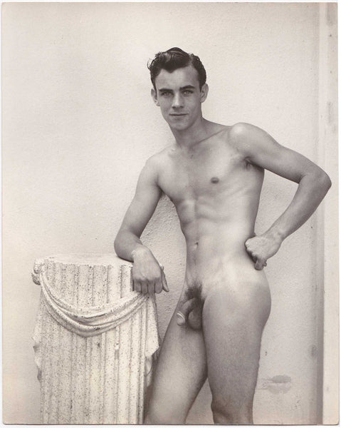 Original photo of a handsome dark-haired male model identified on the verso as "Jim Wilson." Vintage gay photo