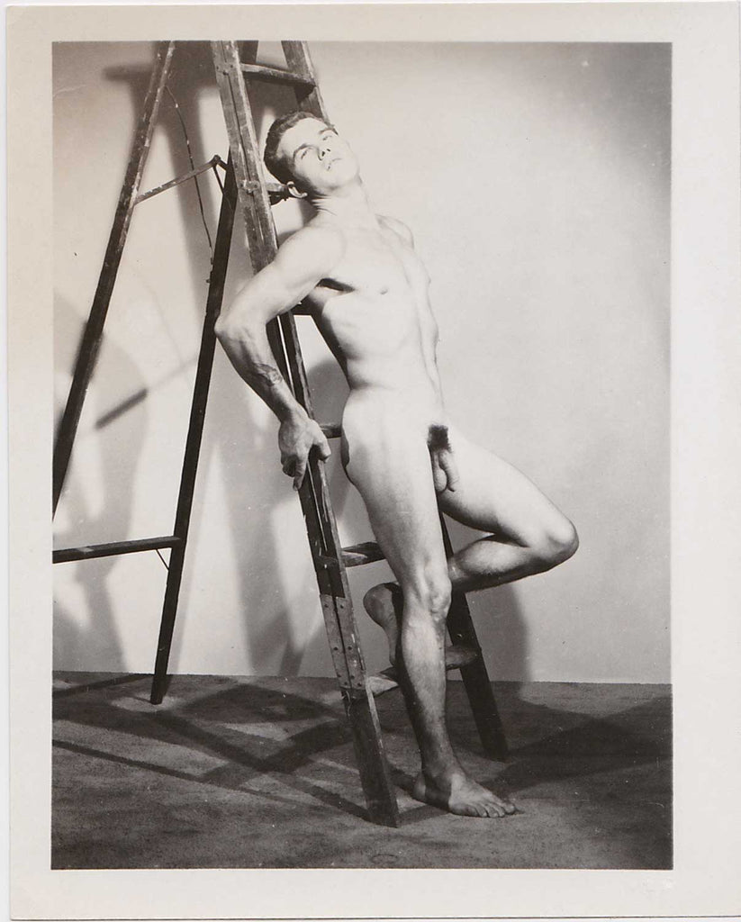 Vintage gay photo Male Nude Leaning Against Ladder