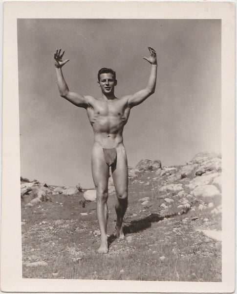 Male Nude with Arms Raised Posing Strap Gay photo