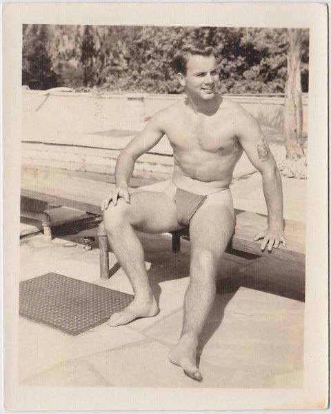 Male Nude on Bench, posing strap vintage gay photo