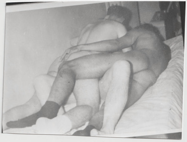 three male nudes on a bed vintage gay photo