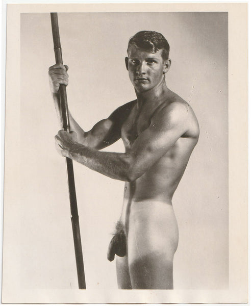 Male Nude with Pole and Basket vintage physique photo