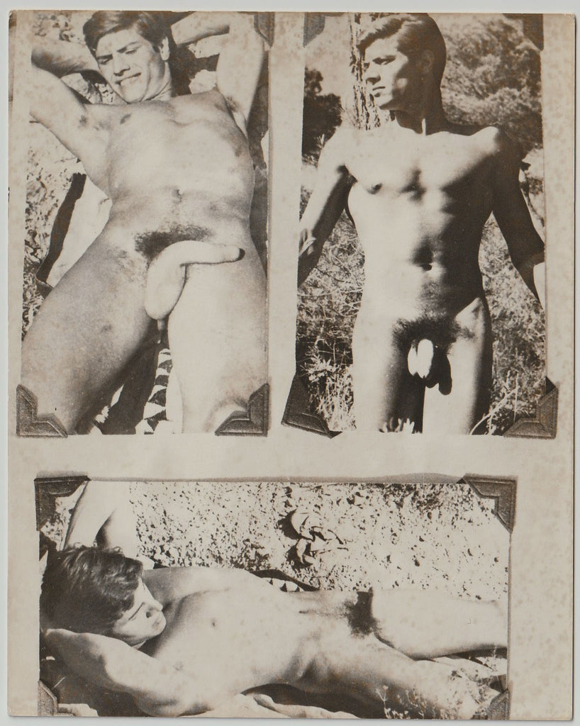 Unusual vintage copy photo showing three views of the same nude model, mounted in an album with photo corners.