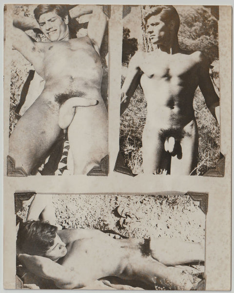 Unusual vintage copy photo showing three views of the same nude model, mounted in an album with photo corners.