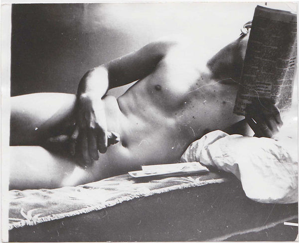 Reclining Nude Reading Newspaper vintage gay photo.