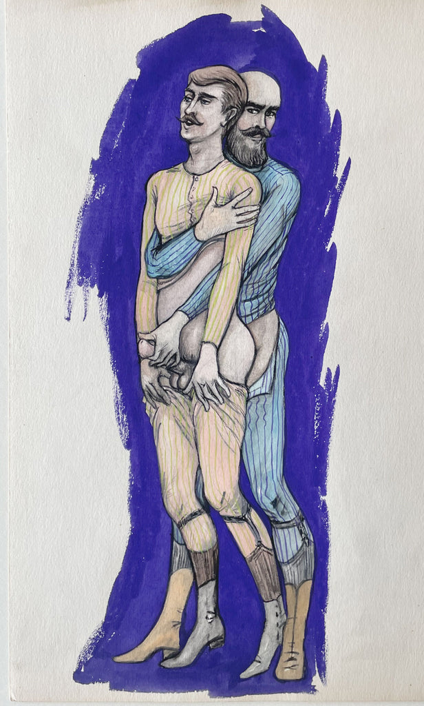 Fine original gouache drawing on heavyweight  two men embrace gay interest