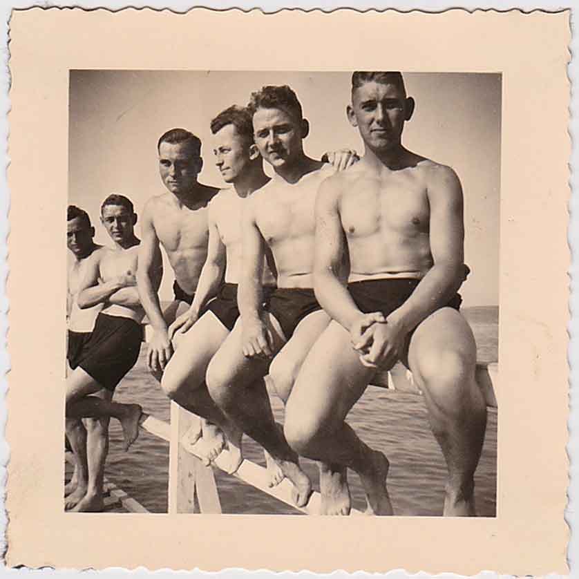 Bathers Sitting on Wood Railing vintage gay photo 1937