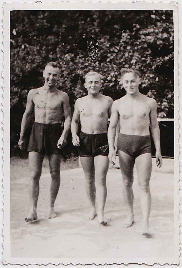 Good looking trio of young guys strolling together at the thermal baths. vintage gay snapshot