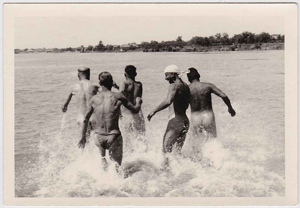 Five Men Running into the Water vintage snapshot 1930s