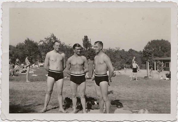 Good looking trio of young guys pose in a park-like setting. vintage gay snapshot
