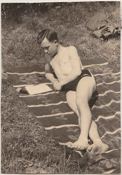 Man Reading on Striped Blanket vintage gay photo