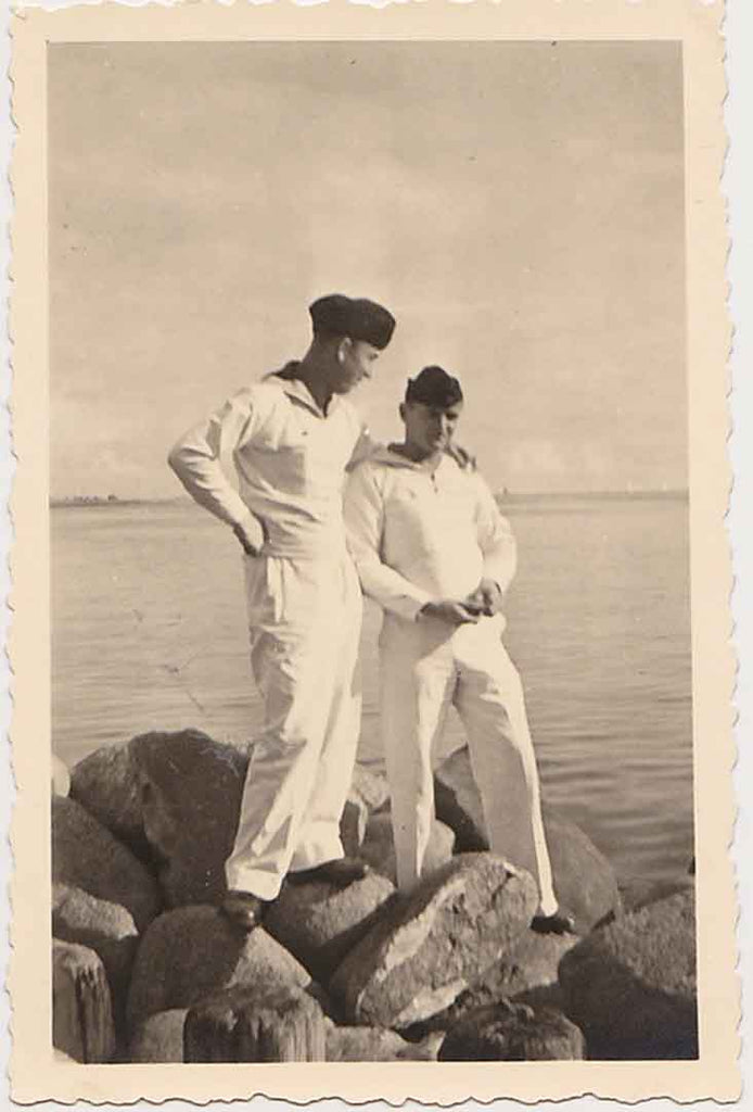 Two Affectionate Sailors on the Rocks vintage german snapshot c. 1930s