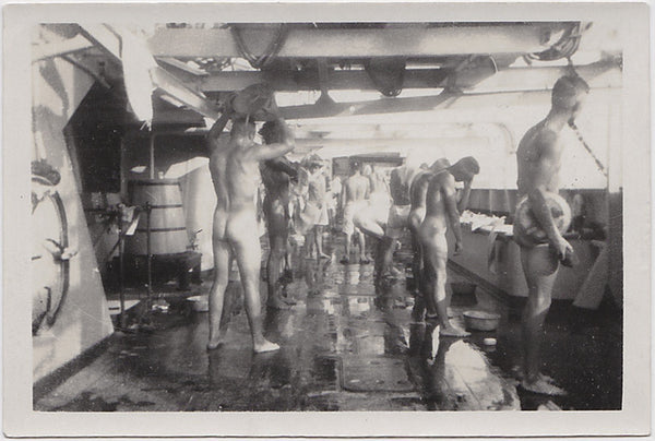 Vintage snapshot of sailors using small basins to bathe on deck. c. 1930s gay