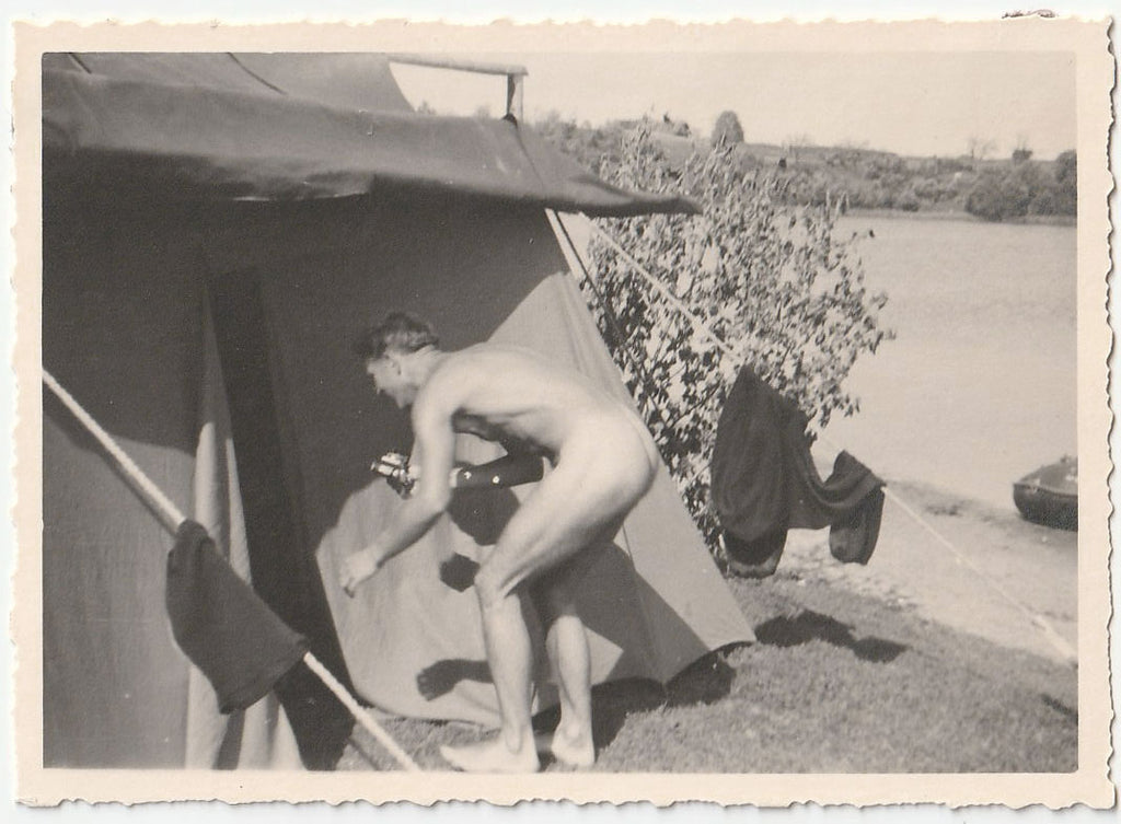 Naked Guy Entering Tent vintage gay photo