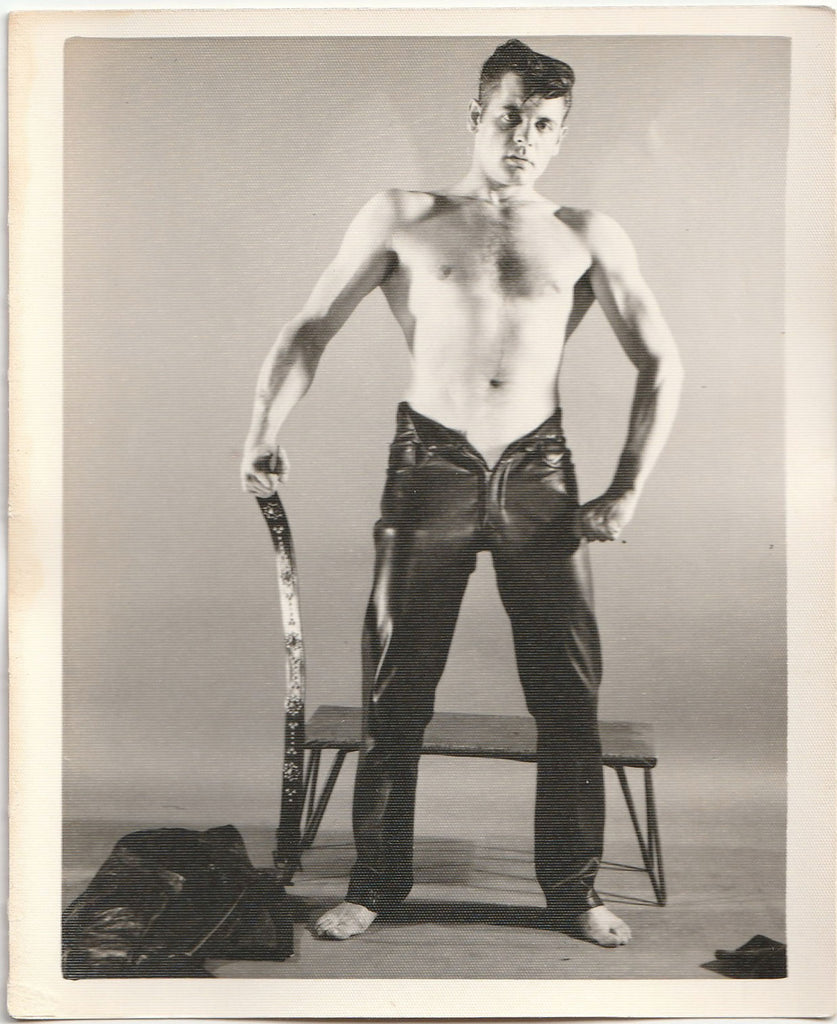 Leather Man Holding Belt: Kris Studio vintage gay physique photo