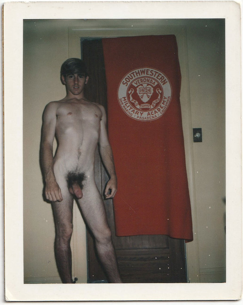 Naked man standing in front of a red banner with 'Southwestern Virginia Military Academy' logo vintage gay Polaroid.
