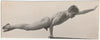 Lot of two photos of a nude athlete doing a one-arm plank and standing with a fringed fabric on the beach.