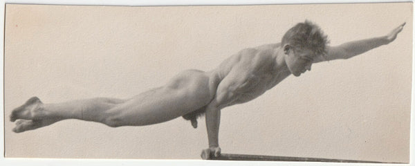 Lot of two photos of a nude athlete doing a one-arm plank and standing with a fringed fabric on the beach.
